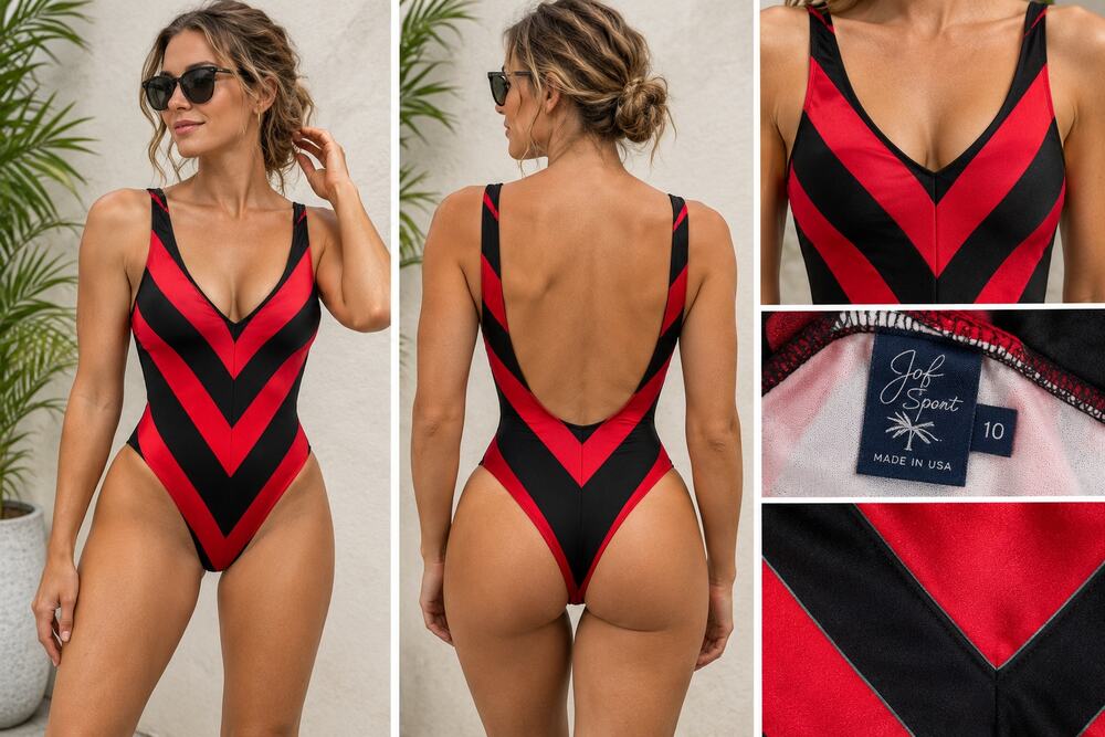 Vintage Red Black Chevron One Piece Swimsuit Womens Size 10 V Neck Retro Beach